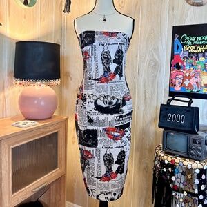 Vintage Women's XLarge Stretch Strapless Plaid Newsprint Midi Dress 2000s Y2K